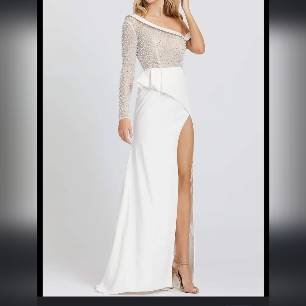 Mac Duggal pearl beaded one sleeve gown